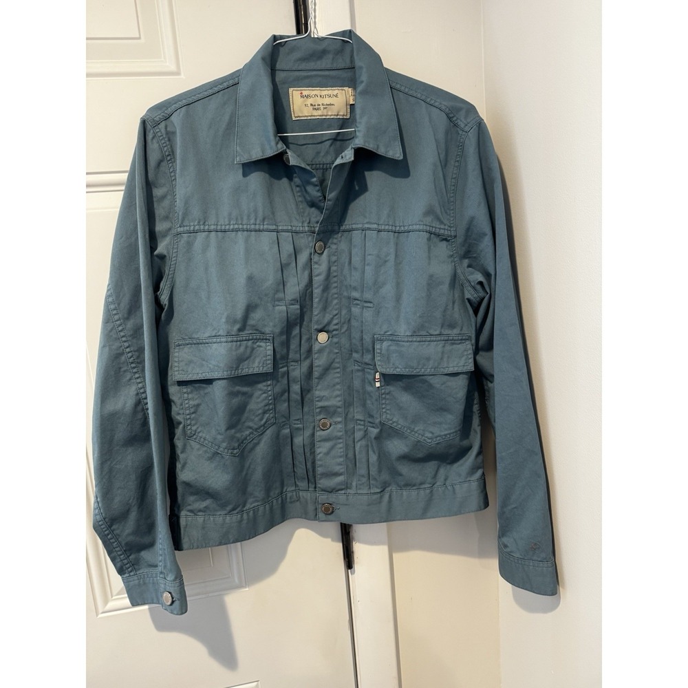 Maison Kitsune Women's Blue Cotton Field Jacket Button Front Utility XL Coat